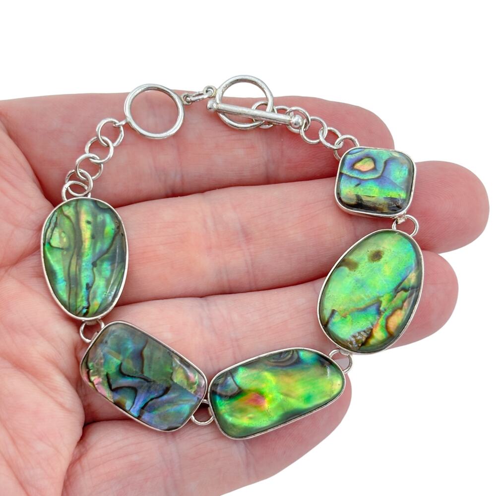 Vintage Sterling Silver 925 Abalone Link Bracelet 7”-7.75”